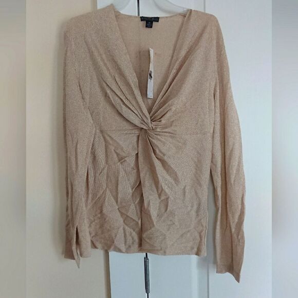 Lafayette 148 gold tone V neck knotted top size M - Picture 2 of 13